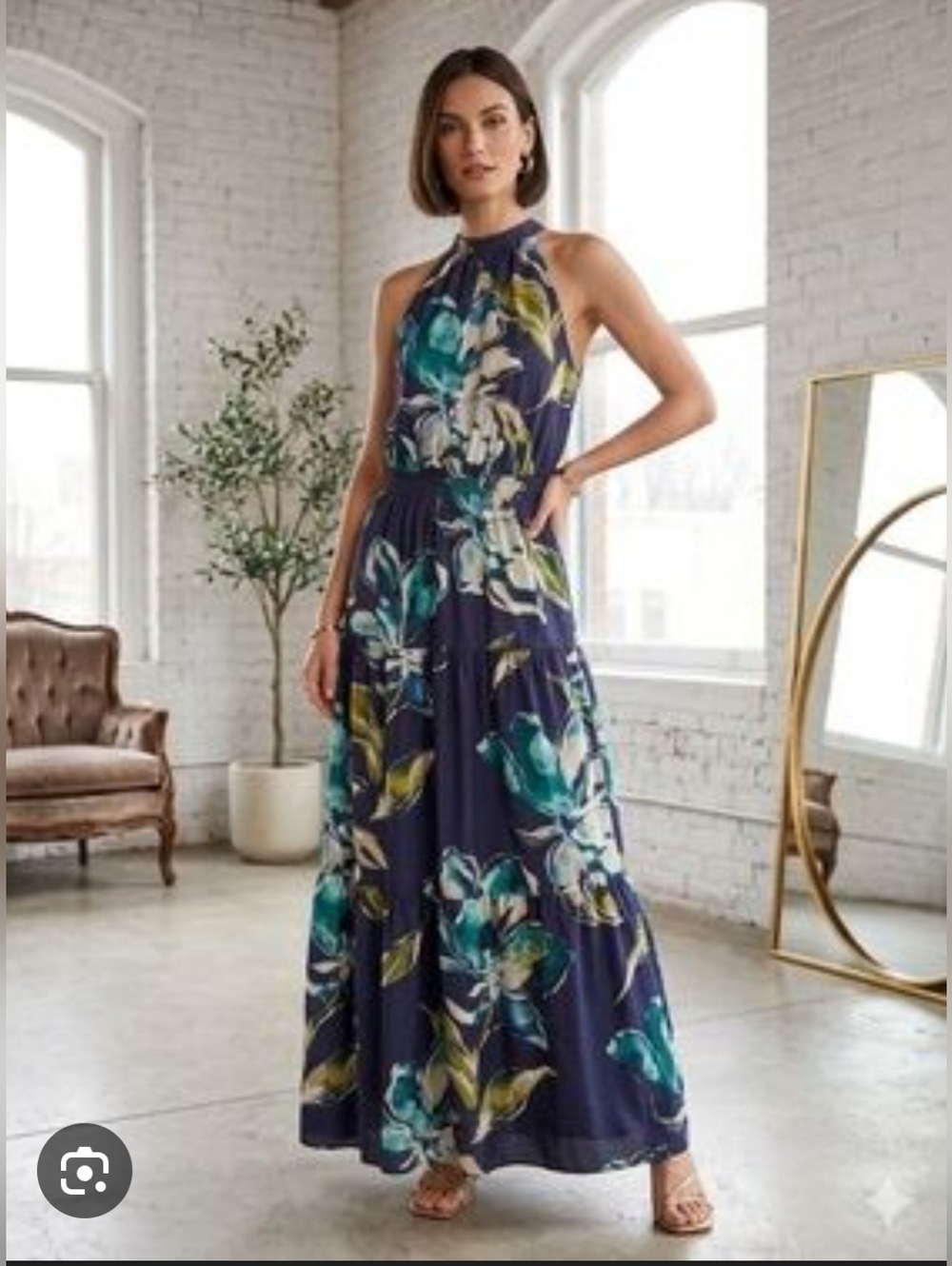 NWOT! Summer Formal Satin Soft Floral Women's High-Neck Tiered Maxi Dress Small